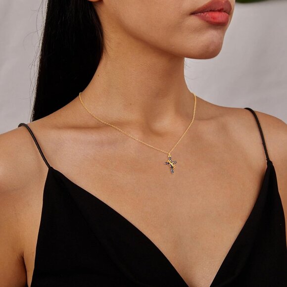 Perfect Gifts Women Crown M09 Sapphire Cross Necklace Gold Plated Faith Jewelry - Picture 4 of 8